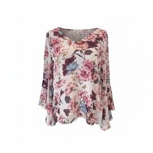 White House Black Market Floral Blouse Bell‎ Sleeve V Neck Size 8